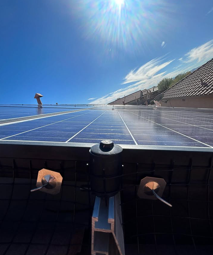Close-up of solar panels gleaming in direct sun